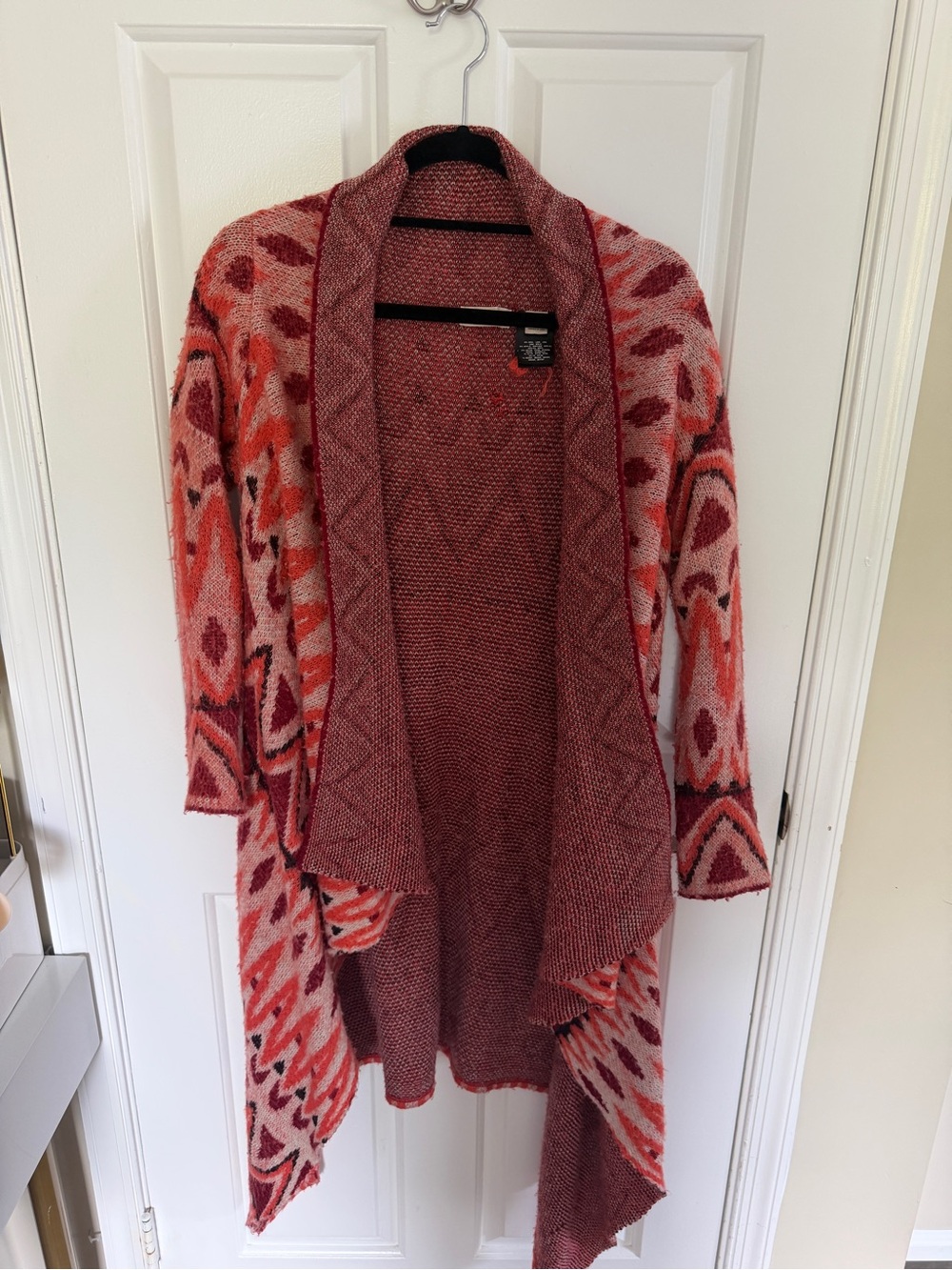 Open-Front Pink & Red Patterned Draped Cardigan